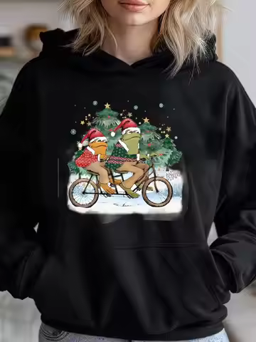 Women's Cozy Christmas Frog & Toad Bike Print Hoodie with Santa Hat Design - Soft Blend Long Sleeve 