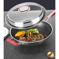[MS] 316 Stainless Steel Frying Pan Honeycomb Wok Anti-Scratch Free 2 Spatulas Stainless Steel Wok