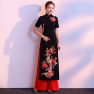 2024 Woman Vintage Vietnam Flower Embroidery Vietnam Robes and Pants Improved Cheongsam Dress