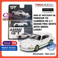 Mini GT 801 Porsche 911 Carrera RS 2.7 Grand Prix White with Green Livery LHD Blister Packaging 1/64
