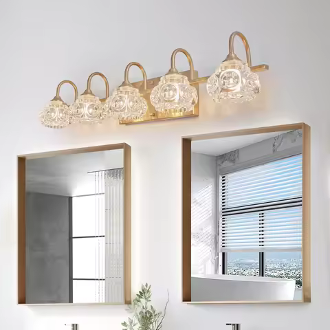 29" Modern Crystal Bathroom Vanity Light, 5-Light Golden Wall Sconce with Clear Glass Shade, Elegant