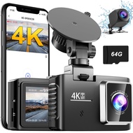 Dash Cam Front and Rear, 4K/2.5K 30fps Dash Camera for Cars with 5GHz WiFi, 64GB SD Card, 2’’ IPS Sc