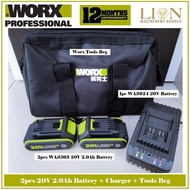 [WORX ACCESSORIES] 2pcs WORX WA3593 20V 2.0Ah Battery + 1pc WORX WA3924 20V Charger + WORX Tools Beg