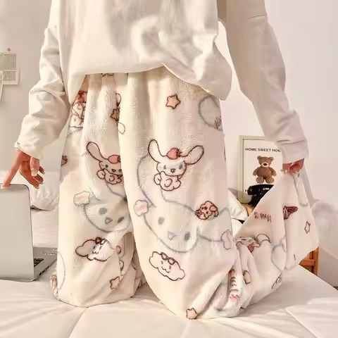 Sanrio Cinnamoroll Women Sleeping Pant Kawaii Cartoon Winter Pajama Pants Coral Fleece Warm Sleepwea