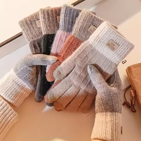 2Pcs (1 Pair, Two Colors to Choose from) Black and Coffee Color Elastic Cuff Gloves, Winter Knitted 