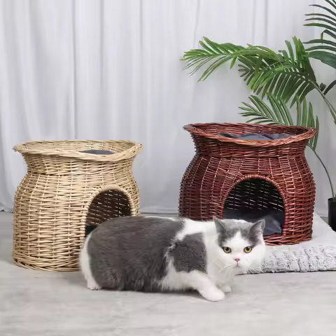2-Tier Wicker Bunk Basket Cat Sleeping Bed Play House Furniture for Indoor Cats with 2 Pcs Soft Cush