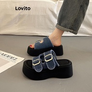 Lovito Vintage Plain Buckle Colorblock Fashion Retro Thick Sole Increase Height Wedges for Women LFA