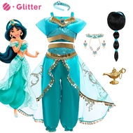 Jasmine Aladdin Princess Dress Of Christmas Birthday Party Top+Pants Magic Lamp Cloak Wig Halloween Carnival Cosplay Costume Kids Clothes Full Set