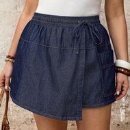 Plus Size Plain Simple Daily Tie-Up Denim Shorts,Summer Outfit For Women,Festival Outfits For Women 