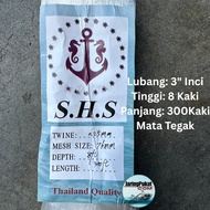 025MM X 76mm(3" Inci lubang) X Tinggi 8 Kaki X Panjang 300Kaki / Pukat Jaring Ikan/Mata Tegak / Isi 
