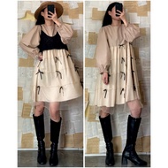Set long-sleeved dress with cream bow, size S,M mun2hand T4078