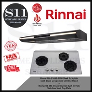 Rinnai RH-S3059-PBW Sleek &amp; Stylish Matt Black Design LED Slimline Hood + Rinnai RB-3SI 3 Inner Burner Built-In Hob Stainless Steel Top Plate BUNDLE DEAL - FREE DELIVERY