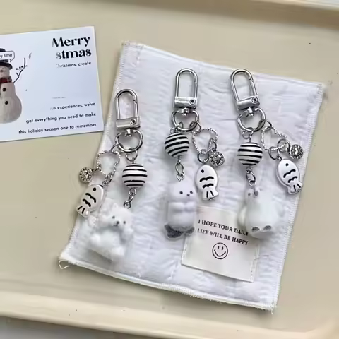 Flocking Cartoon Keychain Cute Seal Penguin Polar Bear Pendant Bag Decoration Keyring Car Key Holder