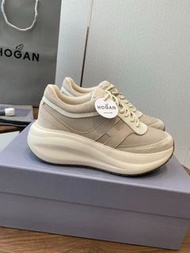 HOGAN H696 皮革絨面革 納帕皮革 大H字母 圓頭系帶 低幫 生活休閑鞋 女款 淺褐色