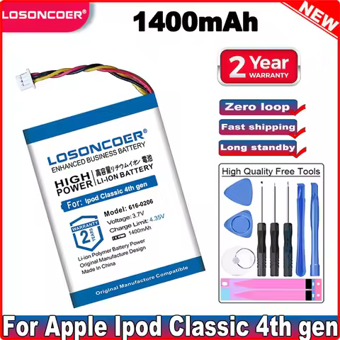 LOSONCOER 616-0206 616-0183 1400mAh Battery For Apple Ipod Classic 4th gen / Photo U2 A1059 20 40GB 