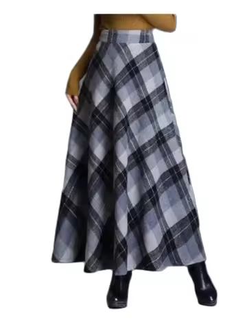 1pcs/lot korean style woman long wool blend plaid skirt female autumn winter long plaid skirt
