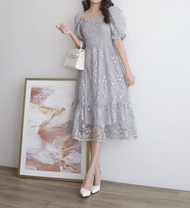 Dress Meldy MATT BROKAT TILE MUTIARA LAPIS FURING SIZE M L XL PINGGANG KARET KELILING Dress pesta Dr