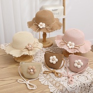 MATAHARI Kids Straw Hat + Bag 2 Sets / Girls Cute Flower Sun Hat and Bag 2in1 [1KG 8PC] LITTLE KUMA 