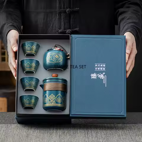 Outdoor Tea Ceremony Portable 1 Pot 4 Cups Travel Gift Box Luxury Chinese English Cup Set