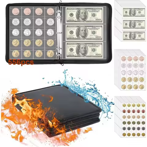 360 Pocket Coin Organiser Currency Sleeve Album Fireproof Coin Collection Bookends Money Clip for Cu