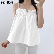 VONDA เสื้อกั๊กสีทึบเสื้อลำลองจีบแขนกุดผู้หญิงใส่ในฤดูร้อน (ลำลองเกาหลี)
