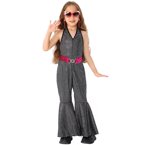 Girls Disco Outfit 70s 80s Prom Sparkle Flare Jumpsuit with Belt Party Costume Halloween Cosplay