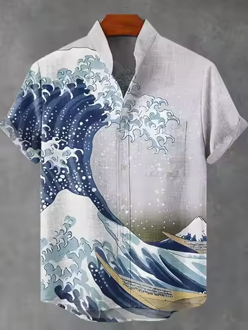 3D Print Wave Print Retro Casual Men's Linen Short Sleeved Shirt Fashionable Men's Top Linen Short S