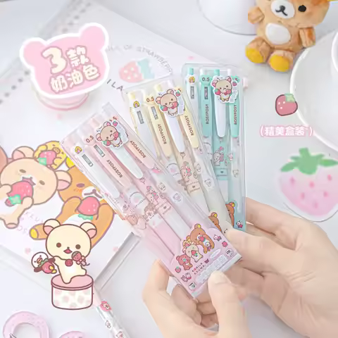 Rosyposy Retractable Gel Pen Set Korila Kkuma Strawberry Cute Heart 0.5mm Black Ink Gel Pens School 