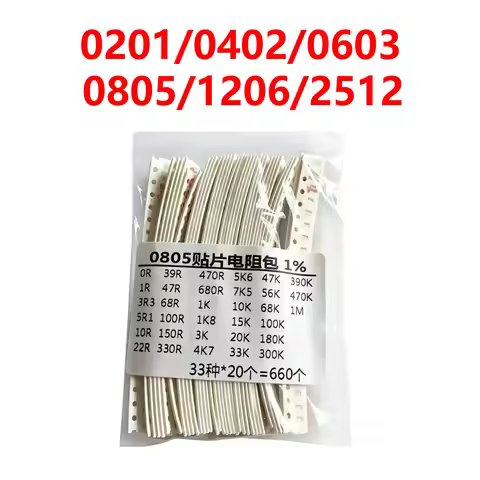 0201 0402 0603 0805 1206 1210 2512 Resistor Kit 33 ValuesX20=660PCS Pack Sample Kit Assorted 1K 10 1