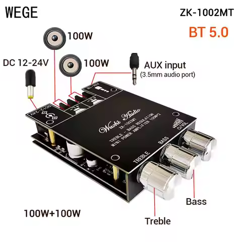 WEGE ZK-1002MT100W*2 Mini Dual Channel Audio Amplifier Board BT5.0 AUX Bass Treble Tone AMP Stereo H