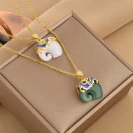 Fashion 2022 Vintage White Green Jade Elephant Pendant 18K Gold Plated Link Chain Necklace Luxury Stainless Steel Clavicle Choker Simple Jewelry for Women