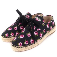 全新未使用 PRADA 1E988L GABARDINE 嘎巴甸帆布花卉印花草編繫帶運動鞋，黑色和粉紅色，36.5 碼，義大利製造。