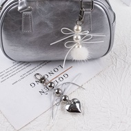Korean Style Creative Ribbon Double Bow Keychain Silver Beaded Love Pom Pom Pendant Mobile Phone Cas