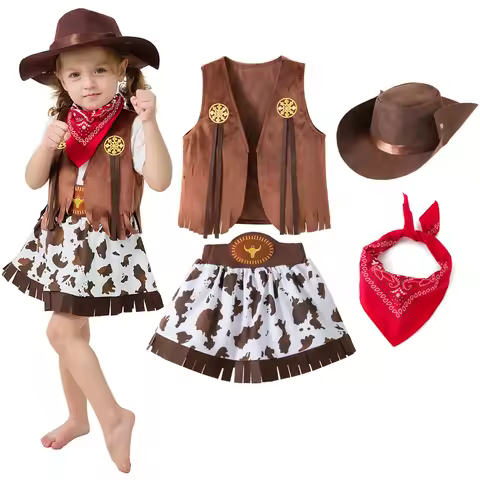 Cowboy Costume for Girls Purim Halloween Toddler Child Cowgirl Cosplay Vest Skirt Party Fancy Dress 