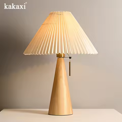 Retro Solid Wood Table Lamp Nordic Vintage Pleated Bedroom Bedside Desk Reading Decorative Wooden De