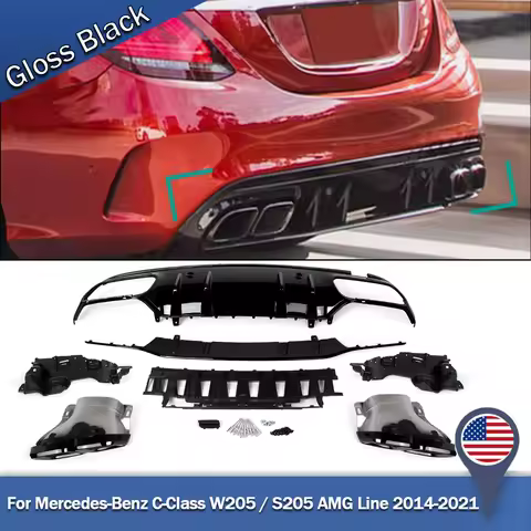 Rear Bumper Diffuser Lip +Exhaust Tips for Mercedes Benz C Class W205 Sedan AMG-Line 2015-2021 C300
