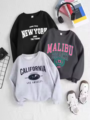 New York California Malibu Letter Sweatshirts Winter Women Casual Loose Hoodie Fleece Warm Crewneck 