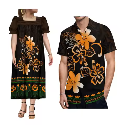 Hawaiian Men'S Casual Shirt With Mumu Women'S Puffy Dress Elegant Plus Size Couple Suit Micronesian 