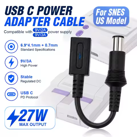 Auroxin USB-C PD 9V Power Cable for US SNES SNS-001 SNS-101 Retro Console Power Adapter 6.9x4.1mm