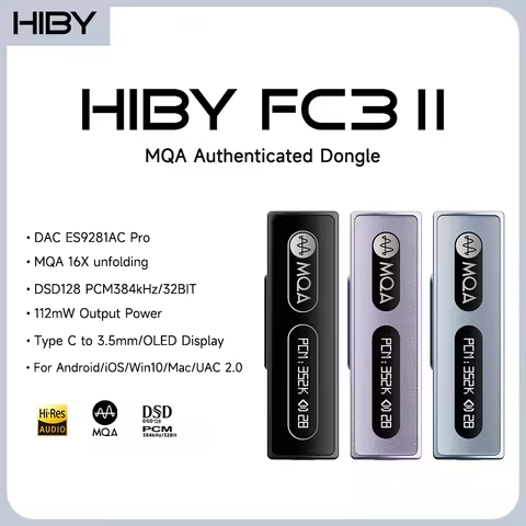HiBy FC3 MQA Dongle Type C to 3.5mm 112mW Output USB DAC Audio HiFi Decoder Headphone AMP PCM384 DSD
