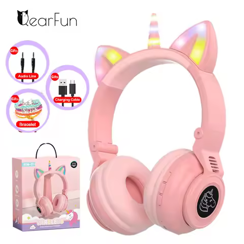 HiFi Girls Wireless Unicorn headphones with Mic phone Stereo Bass Cute Children Music Kid Cat Blueto