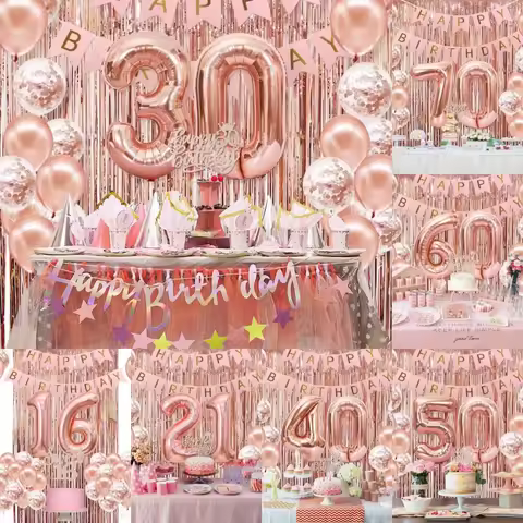 58Pc/Set 40-Inch Number Foil Balloons Party Backdrop Rain Curtain Rose Gold Glitter Balloons Happy B