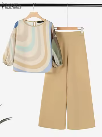 ZANZEA Summer Trousers Suits 2PCS Women Fashion Matching Sets 3/4 Sleeve Printed Blouse Pant Sets Ca
