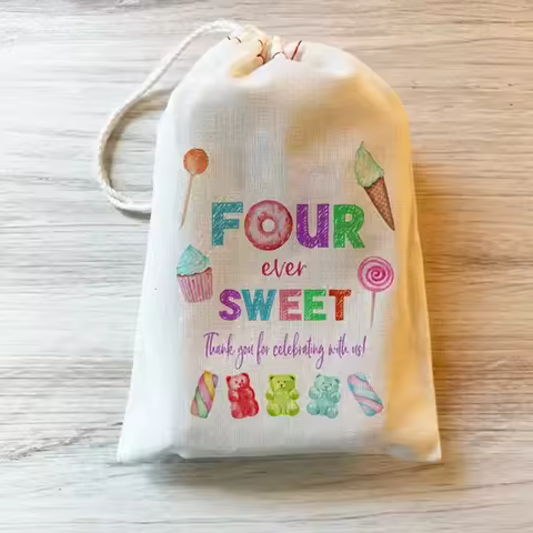 5pcs Four Ever Sweet Thank You gift Bags kid boy girl 4th Birthday party Dessert table top centerpie