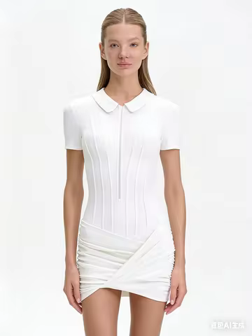 JULISSA MO Irregular Turn-down Collar Zipper Women Bodysuit Short Sleeve High Waist Bodysuit Spring 