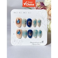 Handmade press-on nails, short oval nails, blue nails, Y2K style, cute design, hand-painted nail art