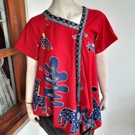 atasan blouse wanita modern lengan pendek gembyong merah batik solo