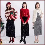 Elastic Waist Slit Long Skirt Women's Sequin Embroidered Hip-Cover Straight Skirt