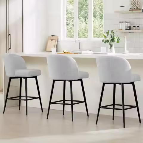 Set of 3 Counter Height Swivel Bar Stools with Upholstered Seats, Metal Legs, 26 Seat Height, White 