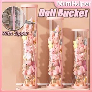 Transparent Doll Storage Bucket with Zipper Plush Toy Organizer Cylindrical Storage Box 4 Sizes